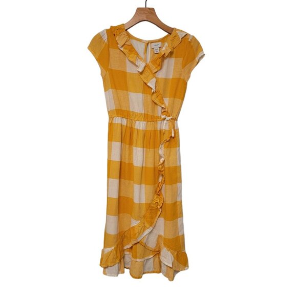 Old Navy Wrap Dress Yellow White Check Buffalo‎ Plaid Summer Large 10/12 NEW - Picture 1 of 11